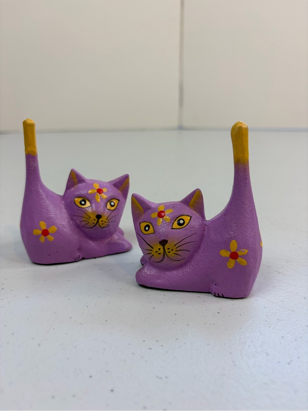 Vintage Set of 3 Folk Art Hand Carved Wooden Painted Cats Kittens Floral Boho